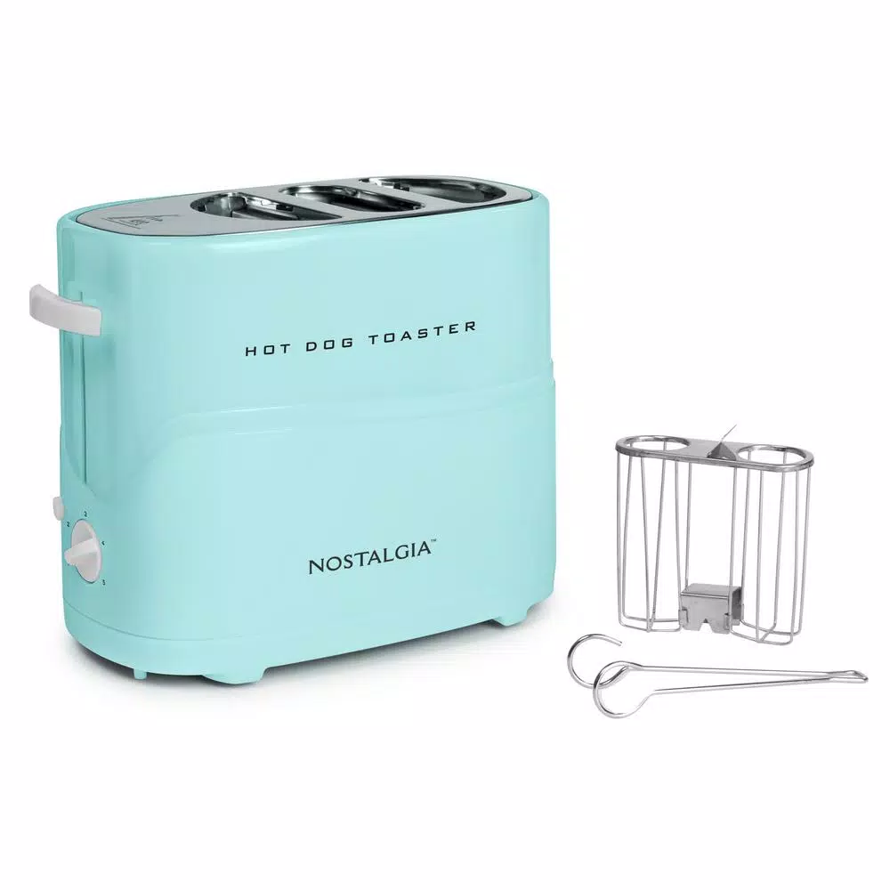 Toasters Nostalgia Retro Series 2-Slice Aqua Long Slot Hot Dog And Bun Toaster With Crumb Tray And Mini Tongs 1 Toasters Nostalgia Retro Series 2-Slice Aqua Long Slot Hot Dog And Bun Toaster With Crumb Tray And Mini Tongs