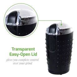 Coffee Makers Ovente 2.5 Oz. Black One-Touch Electric Coffee Grinder With Transparent Easy Open Lid And Stainless Steel Blades -BergHOFF Shop black ovente coffee grinders cg225b 1f 1000