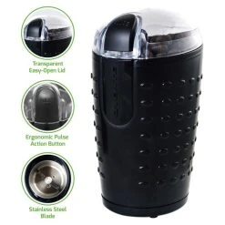 Coffee Makers Ovente 2.5 Oz. Black One-Touch Electric Coffee Grinder With Transparent Easy Open Lid And Stainless Steel Blades -BergHOFF Shop black ovente coffee grinders cg225b 66 1000