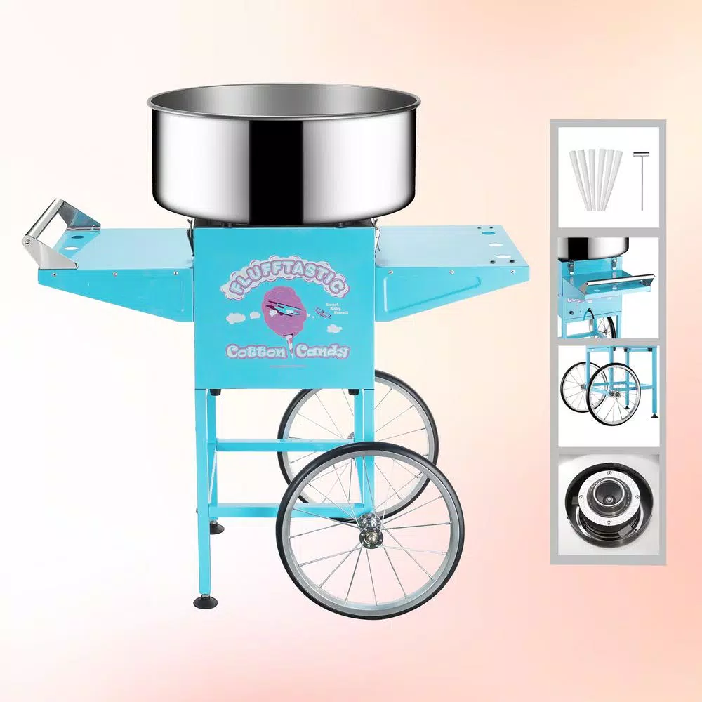 Dessert Makers Great Northern Blue Cotton Candy Machine And Cart- Flufftastic Floss Maker- Stainless Steel Pan, 2 Side Trays & 13 In. Wheels 3 Dessert Makers Great Northern Blue Cotton Candy Machine And Cart- Flufftastic Floss Maker- Stainless Steel Pan, 2 Side Trays & 13 In. Wheels - Image 3