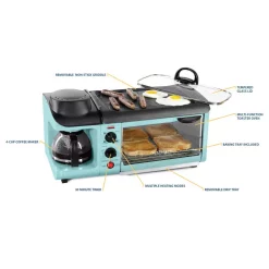 Toasters Nostalgia Retro Breakfast Center 1500 W 4-Slice Blue Toaster Oven With Built-In Timer -BergHOFF Shop blue nostalgia toaster ovens bset300blue fa 1000