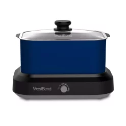 Cookers West Bend 6 Qt. Blue Non-Stick Versatility Slow Cooker With 5-Temperature Settings Includes Travel Lid And Thermal Tote