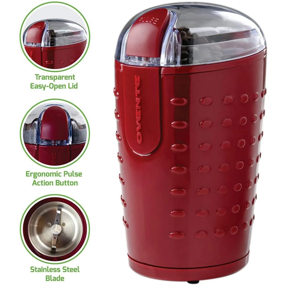 Coffee Makers Ovente 2.5 Oz. Maroon One-Touch Electric Coffee Grinder With Transparent Easy Open Lid And Stainless Steel Blades 2 Coffee Makers Ovente 2.5 Oz. Maroon One-Touch Electric Coffee Grinder With Transparent Easy Open Lid And Stainless Steel Blades - Image 2