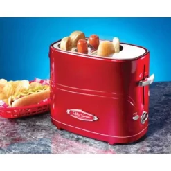 Toasters Nostalgia Retro Series 2-Slice Red Long Slot Hot Dog And Bun Toaster With Crumb Tray And Mini Tongs -BergHOFF Shop red nostalgia pop up toasters hdt600retrored 31 1000