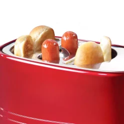 Toasters Nostalgia Retro Series 2-Slice Red Long Slot Hot Dog And Bun Toaster With Crumb Tray And Mini Tongs -BergHOFF Shop red nostalgia pop up toasters hdt600retrored 4f 1000