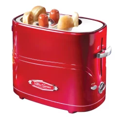 Toasters Nostalgia Retro Series 2-Slice Red Long Slot Hot Dog And Bun Toaster With Crumb Tray And Mini Tongs