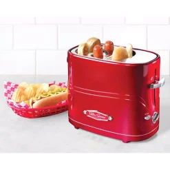 Toasters Nostalgia Retro Series 2-Slice Red Long Slot Hot Dog And Bun Toaster With Crumb Tray And Mini Tongs -BergHOFF Shop red nostalgia pop up toasters hdt600retrored d4 1000