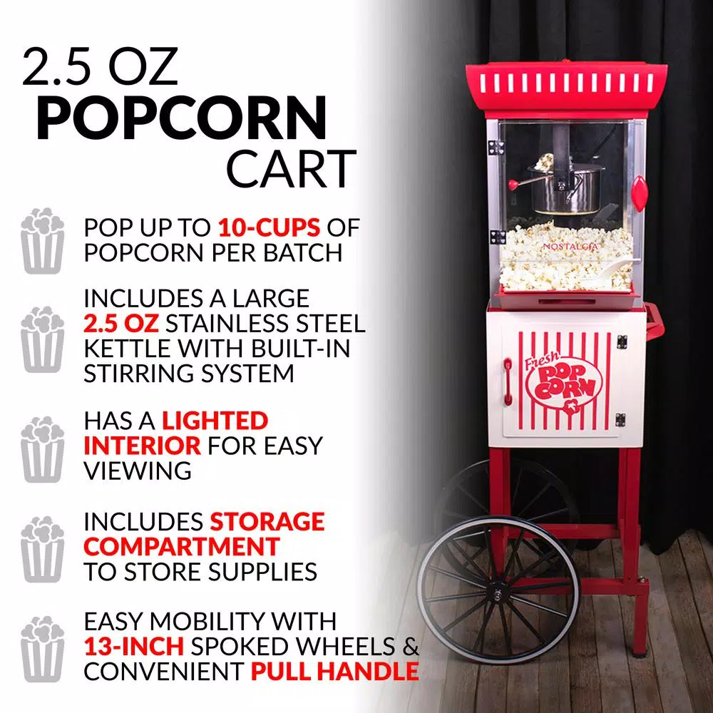 Popcorn Machines Nostalgia 380 W 2.5 Oz. Red Hot Air Popcorn Cart With Easy Mobility 2 Popcorn Machines Nostalgia 380 W 2.5 Oz. Red Hot Air Popcorn Cart With Easy Mobility - Image 2