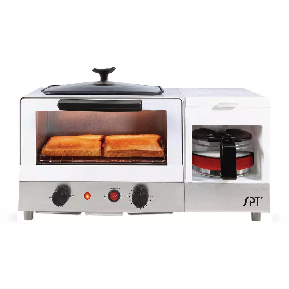 Toasters SPT Breakfast Center 1450 W 2-Slice White And Stainless Steel Toaster Oven With Griddle And Coffee Maker 1 Toasters SPT Breakfast Center 1450 W 2-Slice White And Stainless Steel Toaster Oven With Griddle And Coffee Maker