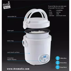 Cookers AROMA 3-Cup White Mini Rice Cooker With Non-Stick Cooking Pot -BergHOFF Shop white aroma rice cookers mrc 903d 66 1000