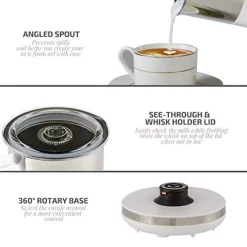 Coffee Makers Ovente 8.1 Oz. White Stainless Steel Electric Milk Frother 3 In 1-Warming, Heating And Frothing, See-Through Lid Plus Whisks -BergHOFF Shop white ovente milk frothers fr1208w 1f 1000